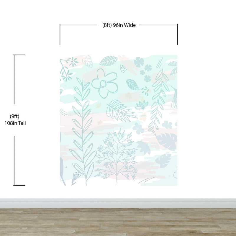 Pastel Botanical Nature Wallpaper Mural. Leafs and Flowers Design.