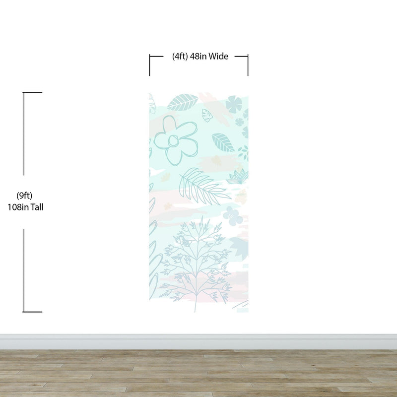 Pastel Botanical Nature Wallpaper Mural. Leafs and Flowers Design.