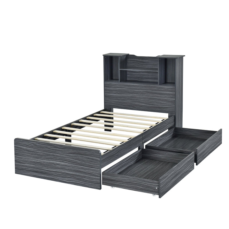 Walker Edison | Twin Size Storage Platform Bed Frame with 4 Open Storage Shelves and 2 Storage Drawers, LED Light, Gray