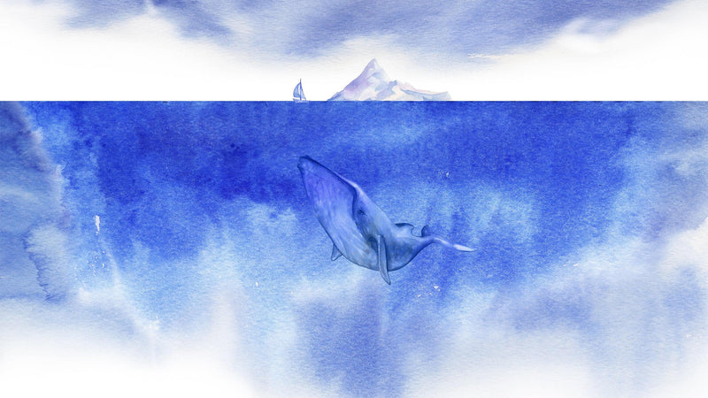 Whale in Ocean Wall Mural. Watercolor artwork of whale, island and sailboat. Peel and Stick Wallpaper.