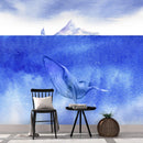 Whale in Ocean Wall Mural. Watercolor artwork of whale, island and sailboat. Peel and Stick Wallpaper.