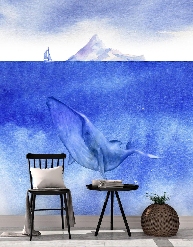 Whale in Ocean Wall Mural. Watercolor artwork of whale, island and sailboat. Peel and Stick Wallpaper.