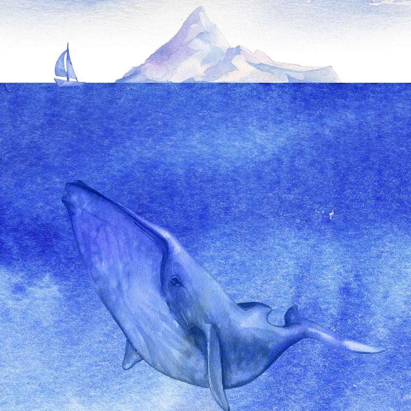 Whale in Ocean Wall Mural. Watercolor artwork of whale, island and sailboat. Peel and Stick Wallpaper.