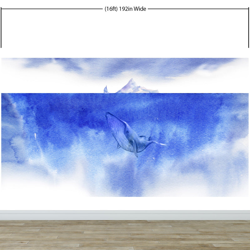 Whale in Ocean Wall Mural. Watercolor artwork of whale, island and sailboat. Peel and Stick Wallpaper.