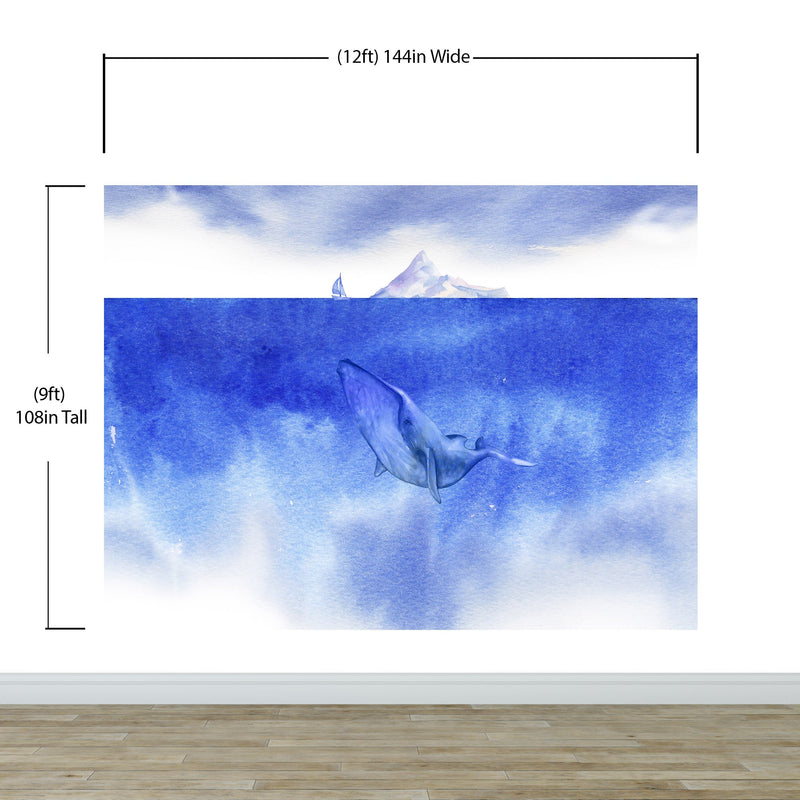 Whale in Ocean Wall Mural. Watercolor artwork of whale, island and sailboat. Peel and Stick Wallpaper.