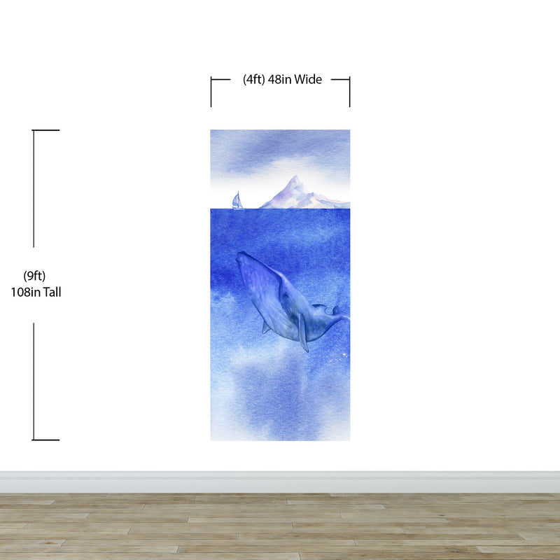 Whale in Ocean Wall Mural. Watercolor artwork of whale, island and sailboat. Peel and Stick Wallpaper.