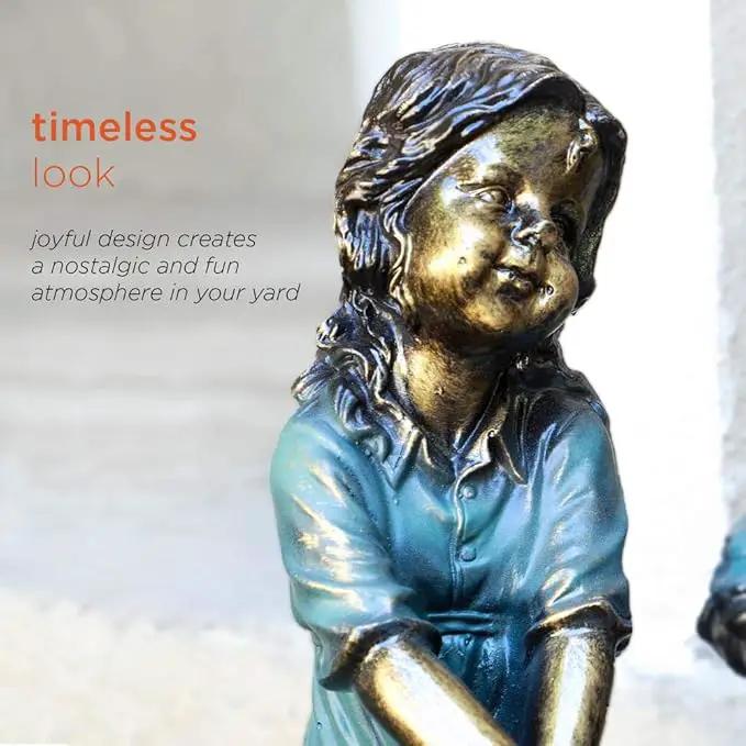 Alpine Corporation 16" Tall Indoor/Outdoor Girl and Boy Sitting on Bench with Puppy Statue Yard Art Decoration, photo 5 of 7