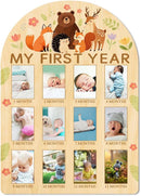 ORIGACH My First Year Baby Growth Photo Display Wood Board - 12 Months Newborn Milestones Photo Board - Neutral Baby Keepsake Frame 1st Birthday Party Nursery Decor New Mom Gift - Forest Animals by TinyTreasures Baby Boutique