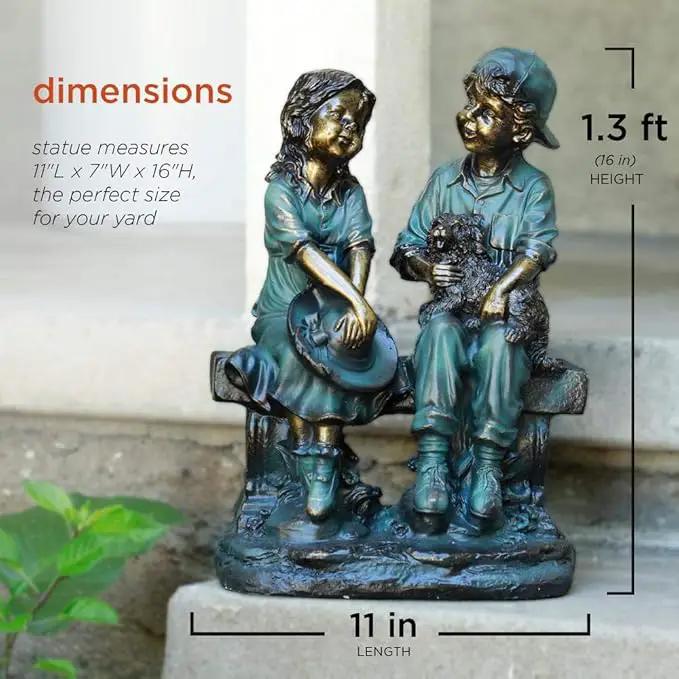 Alpine Corporation 16" Tall Indoor/Outdoor Girl and Boy Sitting on Bench with Puppy Statue Yard Art Decoration, photo 3 of 7