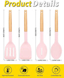 Pack of 4 Silicone Cooking Utensils Set, Non Stick Solid Spatulas and Heat Resistant Slotted Spoons with Wooden Handle, Ideal Wood Kitchen Utensils Set for Frying,Serving,Turning,Stirring (PINK) by CozyNest Decor