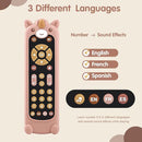 Nueplay Baby TV Remote Control Toy with Silicone Teether Cover, Toddler Realistic Controller, Early Number Learning in 3 Languages (English, Spanish & French), Preschool Girls Toys 6, 12, 18 Months by TinyTreasures Baby Boutique