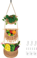 3 Tier Hanging Fruit Basket for Kitchen, Handmade Woven Cotton Hanging Wall Basket for Fruit Vegetable with 6 Hooks, Boho Style Over The Door Organizer for Living Bathroom Bedroom by CozyNest Decor