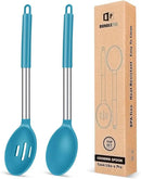 Pack of 2 Large Silicone Cooking Spoons,Non Stick Solid Basting Spoon,Heat-Resistant Kitchen Utensils for Mixing,Serving,Draining,Stirring (BLUE) by CozyNest Decor