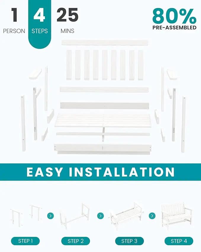 SERWALL Outdoor Bench, HDPE Outdoor Benches Weatherproof, 2-Person Garden Bench with 660 lbs Weight Capacity, Patio Benches for Outdoors, Garden, Porch, Backyard and Park, White, 2 Pack, photo 8 of 9