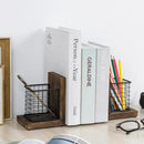 MyGift Rustic Burnt Wood Decorative Bookends for Heavy Books with Matte Black Metal Wire Basket Pencil Cup and Office Supplies Storage Baskets, 1-Pair by CozyNest Decor