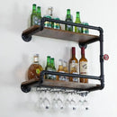 Wine Rack Wall Mounted 2 Tier, Hanging Floating Small Mini Bar Liquor Shelves with Glass Holder Storage Under, Industrial Rustic Pipe Farmhouse Kitchen Decor Black(23.6x10.6x19.7) by CozyNest Decor