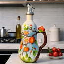 18 Oz Hand Painted Relief Ceramic Olive Oil Bottle Dispenser for Kitchen, Oil and Vinegar Bottle, Seasoning Bottle with Stainless Steel Nozzle, 540mL Oil Container with Handle for Cooking, Light Proof by CozyNest Decor
