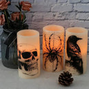 Wondise Halloween Flickering Flameless Candles with 6hrs Timer, Battery Operated LED Real Wax Candles Set of 3 Skull, Spider Web, Crow Raven Decals Halloween Home Decoration Gifts(3 x 3 x 6 Inch) by CozyNest Decor