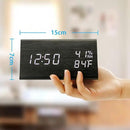 OCT17 Wooden Alarm Clock, Smart LED Digital Clock for Bedroom/desks, Upgraded with Time Temperature, Adjustable Brightness and Voice Control, Humidity Displaying - Black by CozyNest Decor
