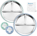 Stainless Steel Toddler Plate with Suction, 9” Divided Plates with Removable Silicone Sleeves for Kids, Non Toxic & BPA Free | Non Slip | Unbreakable Baby Snack Dishes Set of 2, Blue & Sage by TinyTreasures Baby Boutique
