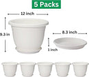 5 Packs 12 inch Flower Pots + Saucer, Planters for Indoor & Outdoor Plants with Drainage Holes | Plastic Flower Pots, Large Planter (White, 12 inch) by GreenHaven Gardens