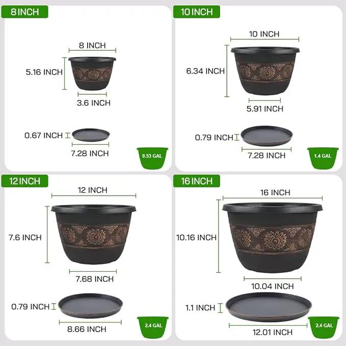 4 Pack 16 inch Plant Pots, Retro Pattern Planters with Drainage Holes and Saucer, Sturdy Plastic Garden Flower Pots for Indoor & Outdoor Plants, photo 4 of 6