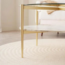 Round Coffee Table for Living Room, Mid-Century Modern Design, D30 x H17, 2-Tier Structure, Clear Glass Top and White Marble Finish Wood Shelf, Sleek Conical Metal Legs with Gold Finish Frame by CozyNest Decor