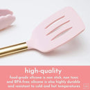 Gold and Pink Kitchen Utensil Set with Holder - 7-Piece Cooking Tools with Gold Whisk, Ladle, Tongs, Turner, Spatula, and Spoon - Stylish Pink Kitchen Accessories for Modern Cooking & Serving by CozyNest Decor