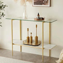 Glass Console Table for Living Room, Foyer & Entrance, 2-Tiers Mid-Century Modern Sofa Table with Clear Glass Top, White Marble Finish Wood Shelf and Gold Finish Frame by CozyNest Decor