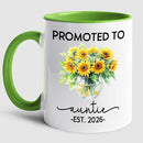 Promoted To Auntie EST 2026 Accent Mug Gift For Pregnancy Announcement, Personalized Name New Aunt Coffee Mug 11 15Oz, Customized Sunflowers Auntie White Coffee Cup For Birthday, First Time Aunt Cup by TinyTreasures Baby Boutique