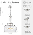 WUZUPS Chandelier Rustic Farmhouse Industrial Round Ceiling Pendant LED Light Fixture Clear Seeded Glass Shade for Dining Room Kitchen Island Foyer Entryway, H 20.9" x W 15.9", Brushed Nickel by CozyNest Decor