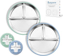 8” Stainless Steel Toddler Plate with Suction, Divided Plates with Removable Silicone Sleeves for Kids, Non Toxic & BPA Free | Non Slip | Unbreakable Baby Snack Dishes Set of 2, Blue & Sage by TinyTreasures Baby Boutique