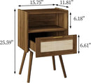 Rattan Nightstand,Modern Bedside Table with Storage Drawer and Open Wood Shelf, for Living Room, Bedroom and Small Spaces, Accent Night Stand with Solid Wood Legs, Easy Assembly,Walnut Brown by CozyNest Decor