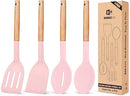 Pack of 4 Silicone Cooking Utensils Set, Non Stick Solid Spatulas and Heat Resistant Slotted Spoons with Wooden Handle, Ideal Wood Kitchen Utensils Set for Frying,Serving,Turning,Stirring (PINK) by CozyNest Decor