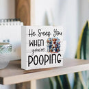 Funny Highland Cow Decor Memorial Day Fourth of July Independence Day Decorations Red White and Blue Decor, Rustic Farmhouse Home Office Wooden Box Sign for Bathroom - He Sees You When You're Pooping by CozyNest Decor