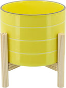 Sagebook Home 8" Planter on Stand - Ceramic Planter on Wooden Base - Contemporary Yellow and White Striped Design Indoor or Outdoor Plant Stand Decor by GreenHaven Gardens