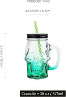 Halloween Cups Set of 4 - Green Skull Glass Drinking Jar with Lids and Straws - Halloween Decor, Drinking Glasses 16 oz by CozyNest Decor