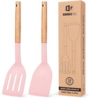Pack of 2 Silicone Cooking Spatula, Heat Resistant Solid Turner, Non Stick Slotted Spatulas with Wooden Short Handle,Ideal Wood Kitchen Utensils Set for Frying, Baking, Flipping, Turning by CozyNest Decor