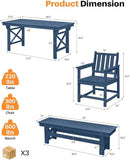HDPE Outdoor Dining Set of 6, Patio Dining Table Set with 4 Chairs and 1 Bench, 6 Pieces HDPE Dining Set with Umbrella Hole, Outdoor Furniture Sets for Deck, Poolside, Garden, Navy by CozyNest Decor