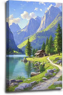 Landscape wall painting of mountain forest lakeside cabin under blue sky and white clouds natural oil painting poster suitable for living room bedroom office by CozyNest Decor