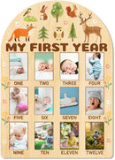 ORIGACH My First Year Baby Growth Photo Display Wood Board - 12 Months Newborn Milestones Photo Board - Neutral Baby Keepsake Board 1st Birthday Party Nursery Decor - Forest Animal & Flower by TinyTreasures Baby Boutique