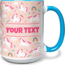 Personalized Mug for Kids - Pink Unicorn - Custom Name/Text, Ceramic Hot Chocolate/Cocoa/Coffee Cup for Girls, Birthday/Christmas/Holiday Gift - 15 oz, Light Blue Handle by TinyTreasures Baby Boutique