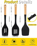 Pack of 4 Silicone Kitchen Utensils Set, Non Stick Solid Spatulas and Heat Resistant Slotted Spoons with Wooden Handle, Ideal BPA Free Cooking Utensils for Mixing,Serving,Turning,Stirring(BLACK) by CozyNest Decor