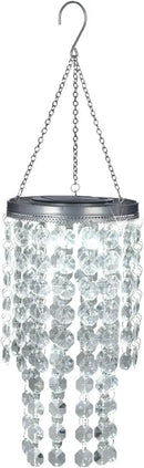 Hanging Solar Crystal Chandelier Outdoor, 21” Modern Solar Transparent Acrylic Beaded Lantern with Cool White LED S Hooks for Garden Yard Patio Gazebo Outside Decor by GreenHaven Gardens
