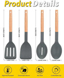 Pack of 4 Silicone Cooking Utensils Set, Non Stick Solid Spatulas and Heat Resistant Slotted Spoons with Wooden Handle, Ideal Wood Kitchen Utensils Set for Frying,Serving,Turning,Stirring (GRAY) by CozyNest Decor