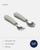 Lalo Utensils - Toddler Fork and Spoon Set - Stainless Steel and Silicone Ergonomic Toddler Utensils - Children Safe Flatware Set - 2 Pieces - Sage by TinyTreasures Baby Boutique