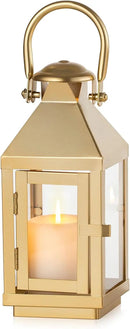 NUPTIO Gold Lanterns Decorative Indoor: 8.6 Inch Tall Metal Lantern with Glass for Pillar Candle - Fireplace Decor for Christmas Home Living Room Mantle Porch Wedding by CozyNest Decor
