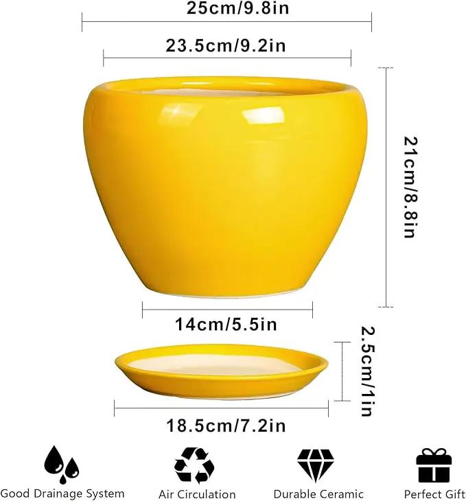 Ceramic Planter - 10 Inch Plant Pot for Indoor Outdoor Plants Glaze Modern Round Planter with Drainage Hole and Saucer for Garden Office Home Room Patio Decor, Yellow, photo 3 of 7