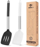Pack of 2 Silicone Solid Turner, Non Stick Slotted Kitchen Spatulas, High Heat Resistant BPA Free Cooking Utensils, Ideal Cookware for Fish, Eggs, Pancakes(Black-White) by CozyNest Decor