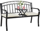 AVAWING Outdoor Metal Garden Bench, 2-Seat Patio Porch Bench with Steel Frame, Park Bench w/Pullout Middle Table＆ Cushion for Backyard Lawn Deck Entryway, Black by CozyNest Decor